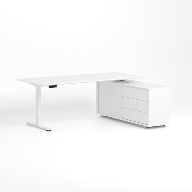 שולחן עמידה-ישיבה מתכוונן עם יחידת אחסון ממתכת